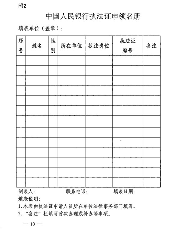 中國人民銀行執(zhí)法證申領名冊